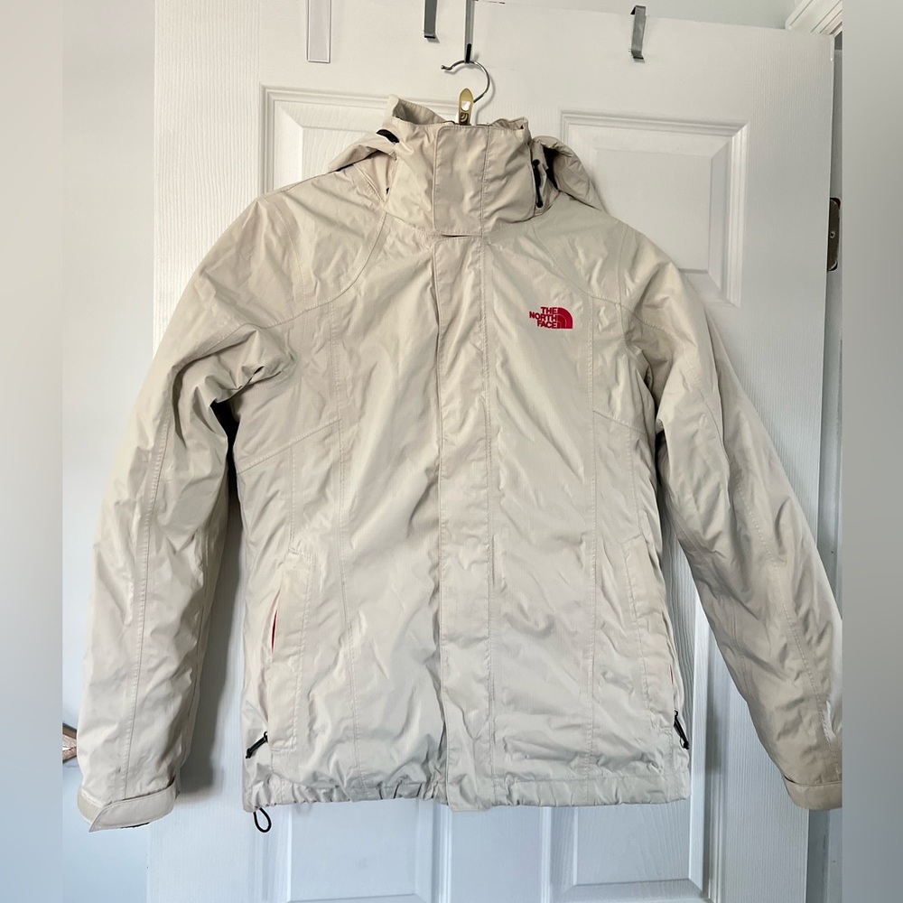 The North Face Women's Light Beige Hooded Performance Jacket with Red Logo